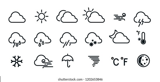 Weather icons set isolated on a white background. Clouds logo and sign collection. Black colors. Simple modern design. Flat style vector illustration.