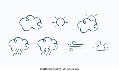 Wettersymbole Set einzeln handgezeichnet Illustration Meteo-Piktogramme Modernste gezeichnete Temperaturzeichnung Doodle Skizze Minimalistische Linie Kunst Sonne Sonnenwolke Wolke Himmel Wettersymbol Regen Ikone Regen