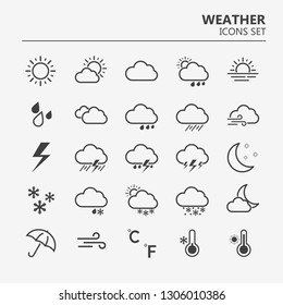 Weather icons set. Line art vector simple outlines illustrations. Meteorological infographics signs. Web icons vector design