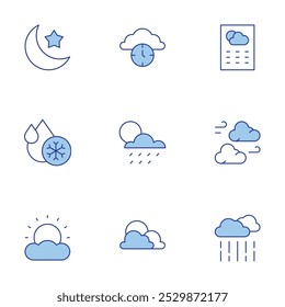 Ícones meteorológicos definidos. Linha Duotone estilo, traço editável. água fria, nublado, tempo, tempo, lua, nuvem, chuva.