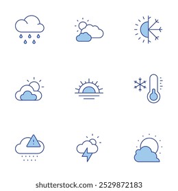 Weather icons set. Line Duotone style, editable stroke. acid rain, bright, storm, sunset, cloudy, temperature, weather, rain.