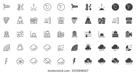 Weather icons set, line and glyph version, outline and filled vector sign. Forecast weather linear and full pictogram. Symbol, logo illustration. Different style icons set celsius and fahrenheit