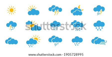 Weather icons set. Meteorology icons set blue in flat style. Meteorology outline icon such as Clouds, cloudy fog, humidity, haze, moon, storm, raining, sun, rain.Vector illustration. EPS 10