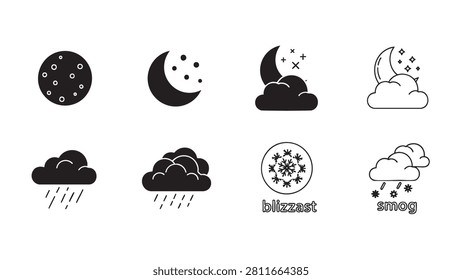 weather icons set with moons, clouds, and atmospheric conditions in black vector icon styl