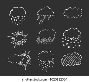 weather icons set on grey background. hand drawn vector illustration.