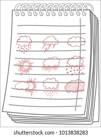 weather icons set on notebook background. hand drawn vector illustration.