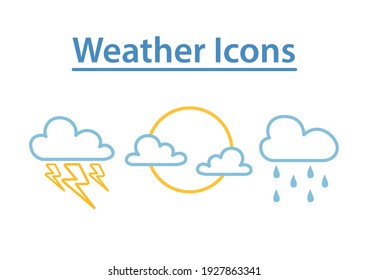 Weather icons set on white background. Contains icon of the lightning, sun, clouds and rain. Vector illustration.