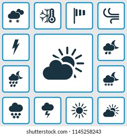 Weather icons set with partly cloudy, snowy, sunny and other flag elements. Isolated vector illustration weather icons.