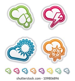 Weather Icons Set, pictured here from left to right:  Rainy weather, Storm Weather, Sunny Weather, Snowy Weather.