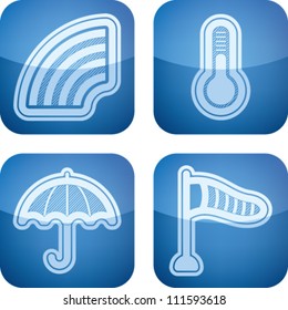 Weather Icons Set, pictured here from left to right, top to bottom:  Rainbow, Temperature, Umbrella, Windsock.