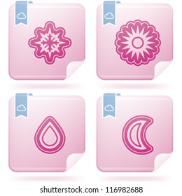 Weather Icons Set, pictured here from left to right:  Snow, Sun, Rain, Moon.