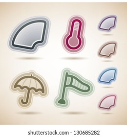 Weather Icons Set, pictured here from left to right, top to bottom:  Rainbow, Temperature, Umbrella, Windsock.