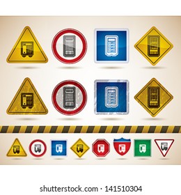 Weather Icons Set, pictured here from left to right:   Small Internet Server, Server Rack Case, External RAID Disk, Data Center.