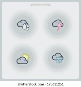 Weather Icons Set, pictured here from left to right -  Rainy weather, Storm Weather, Sunny Weather, Snowy Weather.