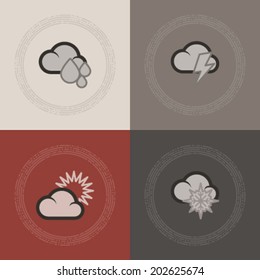 Weather Icons Set, pictured here from left to right -  Rainy weather, Storm Weather, Sunny Weather, Snowy Weather.
