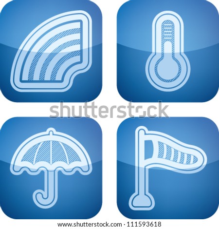 Weather Icons Set, pictured here from left to right, top to bottom:  Rainbow, Temperature, Umbrella, Windsock.