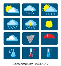 Iconos meteorológicos establecidos. Arte Pixel. Estilo gráfico de computadora de la vieja escuela.