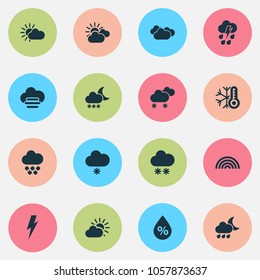 Weather icons set with rainbow, light snow shower, partly cloudy and other night elements. Isolated vector illustration weather icons.