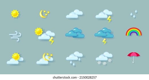 Weather icons set. Realistic 3d objects with shadows. Symbols of weather and weather events