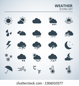 Weather icons set. Silhouette art vector illustrations. Black symbols of forecast. Meteorological infographics signs. Web icons vector design