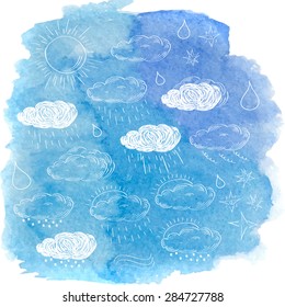 Weather icons set. Sketch vector illustration. Weather theme on bright blue watercolor background. Hand-drawn art. Watercolor texture. Decoration design element. Textured backdrop.