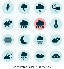 Weather icons set with snowfall, night, partly cloudy and other flash elements. Isolated vector illustration weather icons.