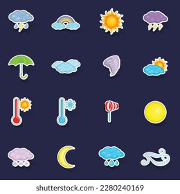 Weather icons set stikers collection vector with shadow on purple background