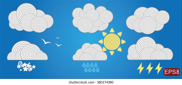 Weather icons set. Icons suite includes sun, rain, bolts, sky, clouds and swarms. 