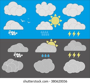 Weather icons set. Icons suite includes sun, rain, bolts, sky, clouds and swarms. 