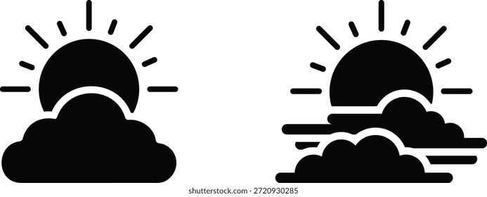 Weather icons set with sun and clouds, black silhouette forecast symbols