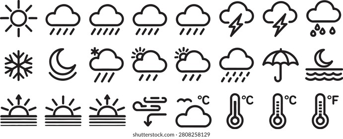 Weather Icons Set with Sun Clouds Rain Lightning Snow Moon and Temperature Symbols in a Simple Vector Style