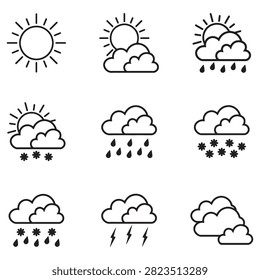Weather icons set with sun clouds rain snow and thunderstorm flat line art
