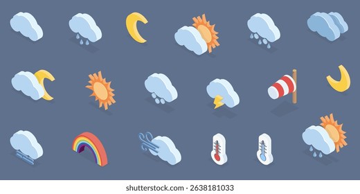 Weather icons set. Sun, moon, cloud, rain, wind, thunderstorm, fog, snow. Meteorological symbols for app. 3d flat isometric vector illustration.