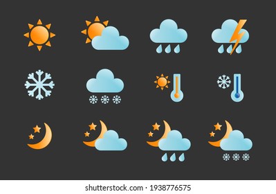 Weather icons set. Sunny, cloudy, rainy, snowy, hot degree. Vector illustration