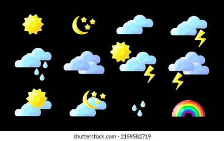 Wettersymbole gesetzt. Symbole für Wetter- und Wetterereignisse. Sonne, Wolken, Gewitter, Regen, Regenbogen, Tag- und Nachtsymbole