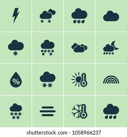 Weather icons set with temperature, light snow shower, snowfall and other voltage elements. Isolated vector illustration weather icons.