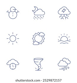 Weather icons set. Thin Line style, editable stroke. snowman, sun, time, snowy, storm, sunny, sunrise, tornado, windy.