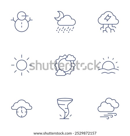 Weather icons set. Thin Line style, editable stroke. snowman, sun, time, snowy, storm, sunny, sunrise, tornado, windy.