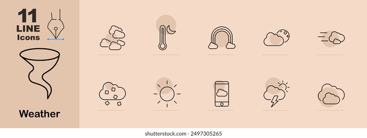 Conjunto de iconos de Clima. Tornado, nubes, termómetro, arco iris, luna con nubes, viento, nubes de nieve, App de Clima móvil, nube de relámpago, parcialmente nublado. Ilustraciones de Clima lineal
