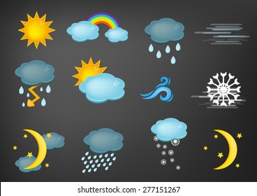 Weather icons - set of twelve - on dark background (vector)