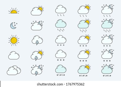 Juego de iconos meteorológicos - Símbolos de color vectorial de nieve, tormenta, lluvia, nube, soleado, viento y luna para el sitio o interfaz