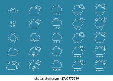 Weather Icons set - Vector outline symbols of snow, storm, rain, cloud, sunny, wind and moon for the site or interface