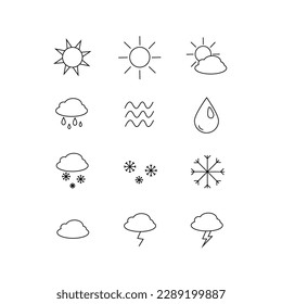 Wettersymbole gesetzt. Vektor dünne Linie einfaches Design. Sonne, Wolke, Regen, Blitz, Schnee, Wolke.