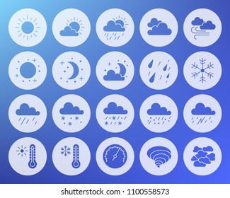 Weather icons set. Web sign kit of meteorology. Climate pictogram collection includes sun, rain, storm. Simple weather vector symbol. Icon shape carved from circle on blue sky background