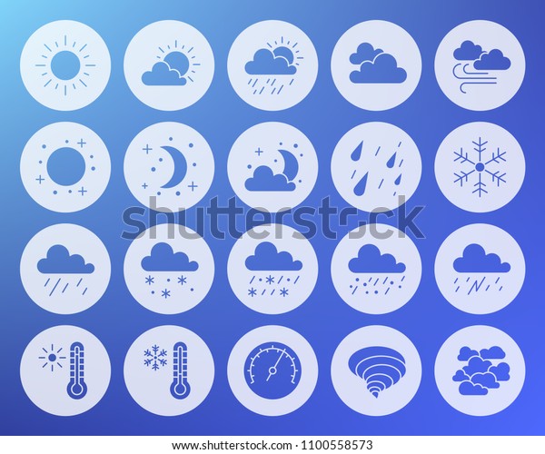 Weather icons set. Web sign kit of\
meteorology. Climate pictogram collection includes sun, rain,\
storm. Simple weather vector symbol. Icon shape carved from circle\
on blue sky background