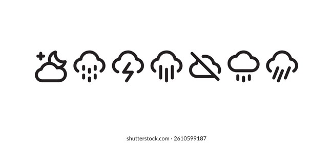 Weather icons showing rain, storm, and cloud conditions Vector