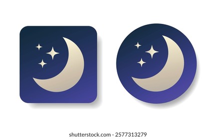 Weather icons in square and round shape, starry night, crescent moon. Isolated hand drawn vector illustrations in flat design.