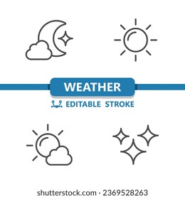 Weather Icons. Stars, Moon, Night, Sun, Day, Cloud Vector Icon. Editable Stroke.