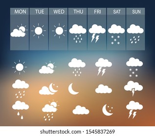 Weather icons of summer, rain, lightning, and cloudy days, vector illustration

