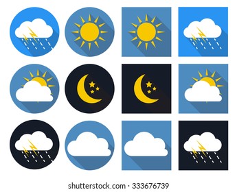 Weather Icons with Sun, Cloud, Rain and Moon in Flat Style with Long Shadows EPS10